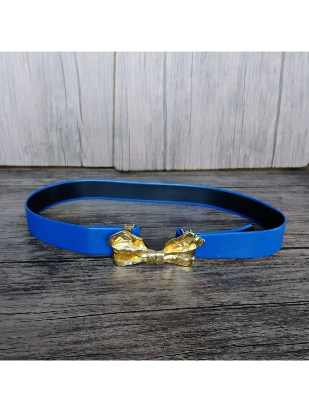 Vintage Mimi Di N Blue Belt w Gold Tone Bow Buckle, 1986 Vintage, Electric Blue